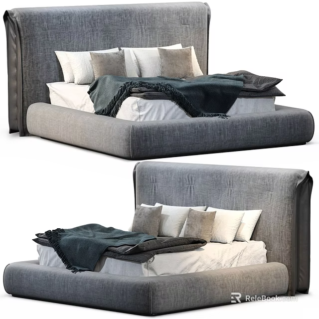 Modern Grey Double Bed With Upholstered Headboard Soft Pillows And Blanket 3d model