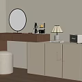 Modern Light Wooden Dressing Table With Round Mirror White Stool And Table Lamp 3d model