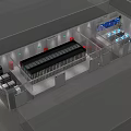 Technical Facility Interior With Server Racks Workstations Display Screens And Red Indicators