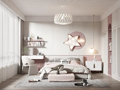 Modern Kids Room Interior With Bed Star Shaped Light Shelf Rug And Chandelier 3d model