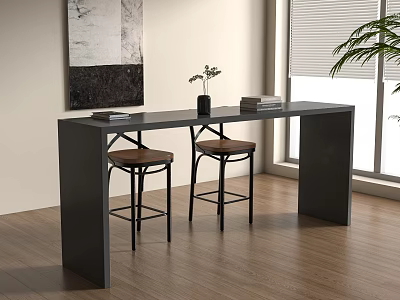 Modern Bar Counter With Bar Stools Wooden Floor Window And Wall Art 3d model