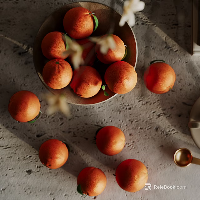 Fresh Ripe Oranges In Bowl And Scattered On Textured Stone Tabletop 3d model 