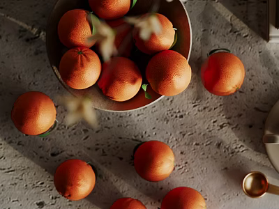 Fresh Ripe Oranges In Bowl And Scattered On Textured Stone Tabletop 3d model