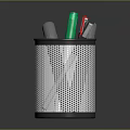 Practical Metal Mesh Pen Holder With Green Red Silver Pens On Dark Surface 3d model