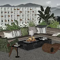 Modern Outdoor Garden Landscape Design With Terrace Fire Pit Sofa And Mountain View Plants