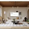 Elegant Modern Living Room Interior With Brown Ceiling Chandelier Framed Art Sofa And Geometric Rug