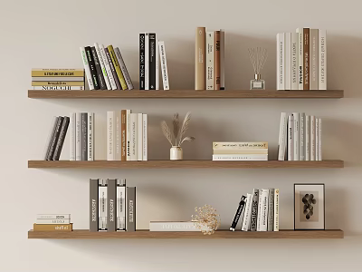 Wooden Shelves Displaying Books Magazines With Dried Flowers And Picture Frame 3d model