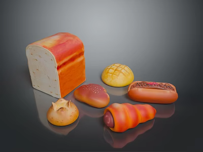 Assorted Fresh Baked Bread Varieties Including Loaf Roll And Croissant 3d model