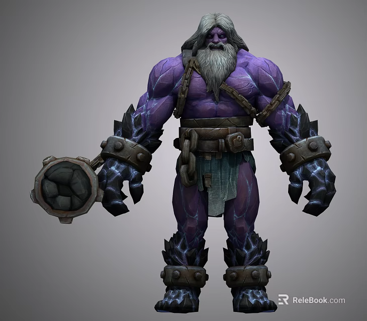Purple Skinned Mythical Warrior Creature With White Beard Muscular Build And Spiked Mace Weapon 3d model 