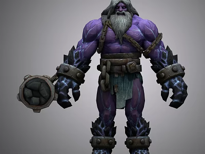 Purple Skinned Mythical Warrior Creature With White Beard Muscular Build And Spiked Mace Weapon 3d model