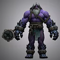 Purple Skinned Mythical Warrior Creature With White Beard Muscular Build And Spiked Mace Weapon