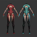 Two Characters In Different Colored Fitted Outfits With Arm And Leg Patterns