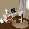 Modern White Desk With Laptop Table Lamp Dried Flowers Light Brown Drawers And Chair