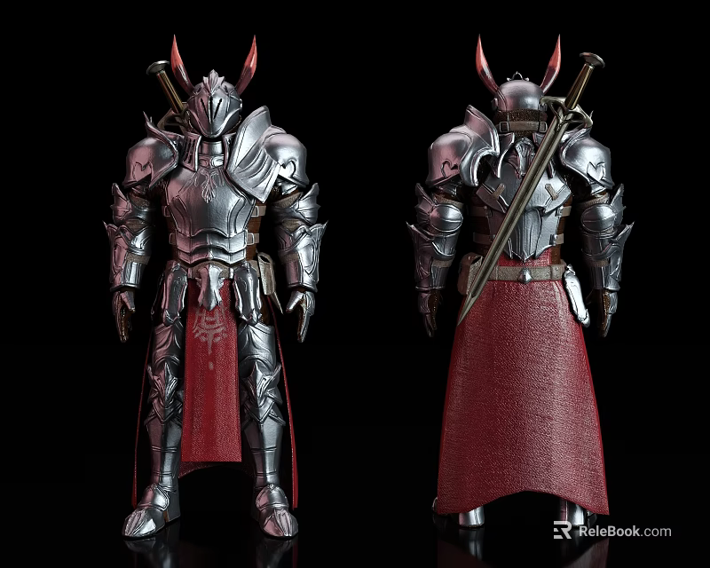Game Movie Character In Detailed Silver Armor With Red Cape Horns And Sword Double View 3d model 