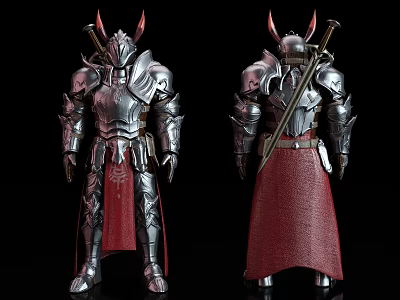 Game Movie Character In Detailed Silver Armor With Red Cape Horns And Sword Double View 3d model