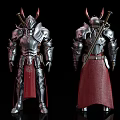 Game Movie Character In Detailed Silver Armor With Red Cape Horns And Sword Double View