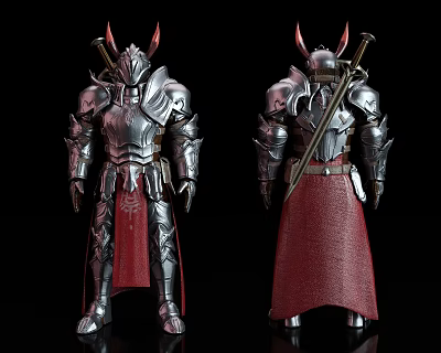 Game Movie Character In Detailed Silver Armor With Red Cape Horns And Sword Double View 3d model