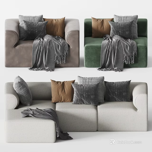 Modern Multicolor Sofa Set Featuring Plush Pillows And Checkered Fringe Blanket 3d model