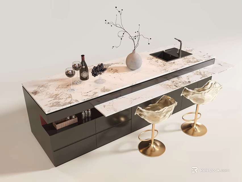 Elegant Bar Counter Design With Marble Top Black Cabinets Gold Stools Wine Glasses And Grapes 3d model 