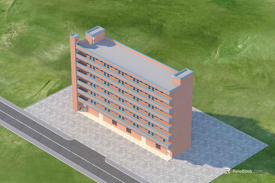 Multi Storey Residential Building With Brick Exterior Windows And Green Grass Surroundings 3d model 