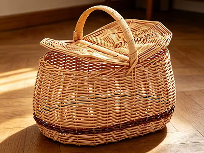 Natural Decorative Handwoven Wicker Storage Basket With Handle On Wooden Floor 3d model