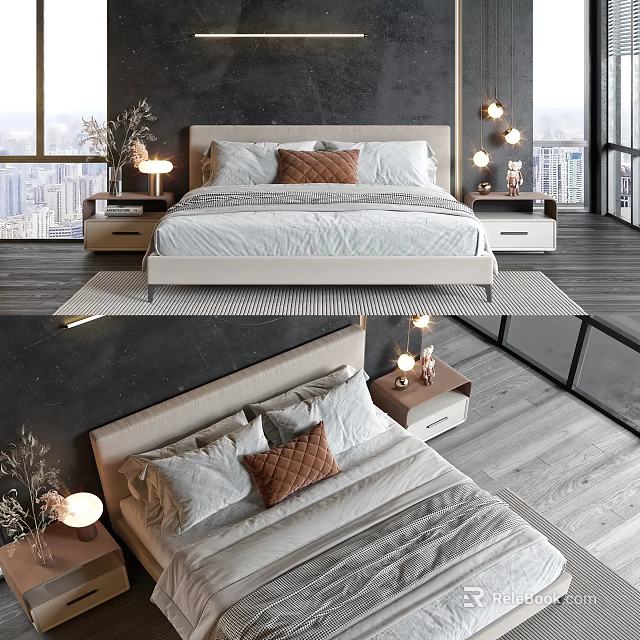 Modern Double Bed with Beige Headboard Brown Pillows and Nightstand Lamps in City View Bedroom 3d model 