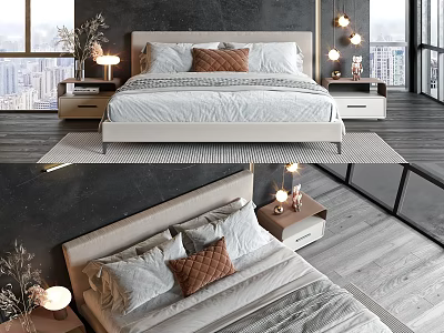 Modern Double Bed with Beige Headboard Brown Pillows and Nightstand Lamps in City View Bedroom 3d model