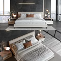 Modern Double Bed with Beige Headboard Brown Pillows and Nightstand Lamps in City View Bedroom