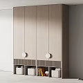 Modern Light Wood Wardrobe With Circular Knobs And Striped Base Storage Compartments 3d model