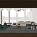 Modern Living Room Interior Design With Arched Windows Wooden Ceiling Green Chairs Sofa Rug