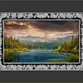 Ornate Framed Landscape Painting With Lake Forest Mountain And Sunset Sky