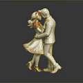 Romantic Embracing Statue Figures In Gold Accented Dress Red Floral Headpiece And White Suit