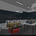 Industrial Factory Workshop Production Line With Workbenches Overhead Lights Cardboard Boxes And Stacked Components