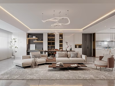 Modern Minimalist Living Dining Room With Sectional Sofa Wooden Coffee Table And Chandelier 3d model
