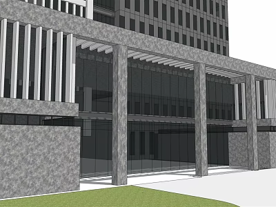 Modern Office Building Featuring Stone Facade Glass Curtain Wall Entrance Columns And Front Lawn 3d model