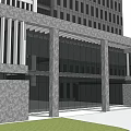 Modern Office Building Featuring Stone Facade Glass Curtain Wall Entrance Columns And Front Lawn