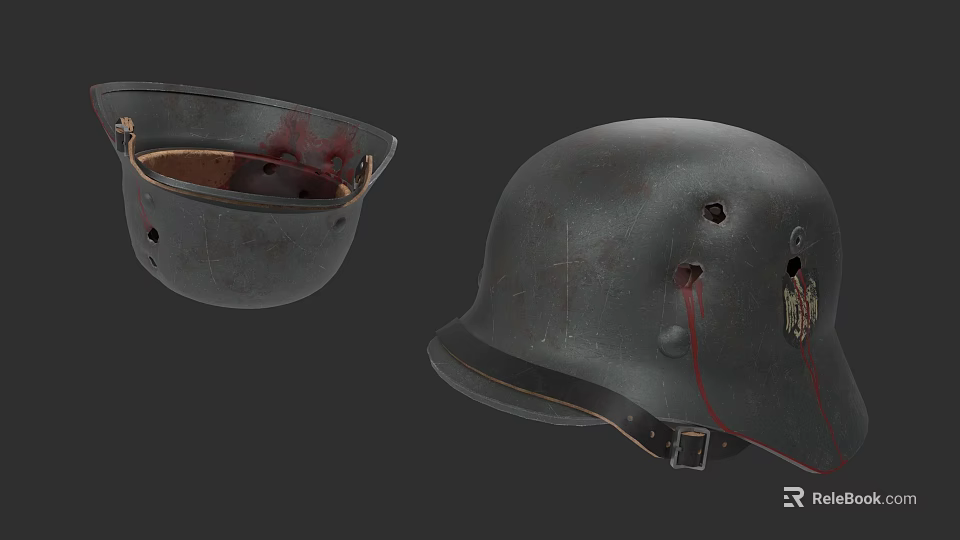 Detailed Vintage Military Helmet Sculpture With Bullet Holes And Blood Stains 3d model 