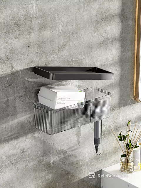 Modern Wall Mounted Cabinets with Black Shelf and Transparent Storage on Gray Bathroom Wall 3d model 