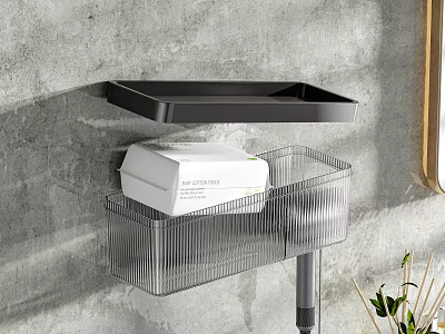 Modern Wall Mounted Cabinets with Black Shelf and Transparent Storage on Gray Bathroom Wall 3d model