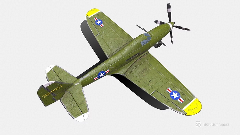 Vintage Green Fighter Plane With American Star Insignia Yellow Wing Tips And Propeller 3d model 