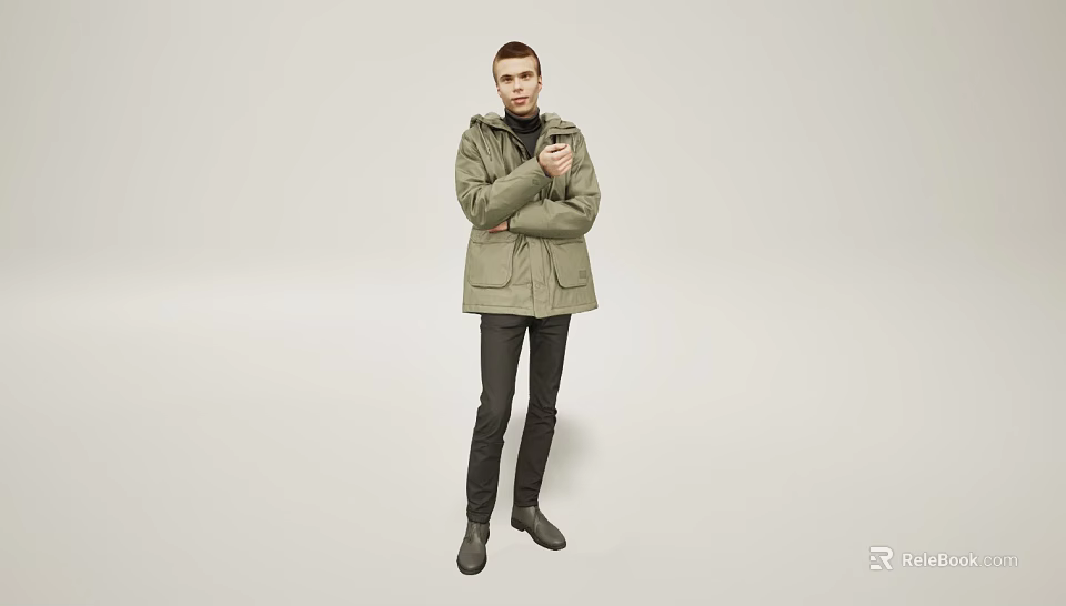 Man In Olive Green Parka With Black Inner Wear Black Pants And Gray Shoes Standing 3d model 