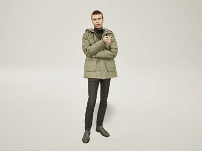 Man In Olive Green Parka With Black Inner Wear Black Pants And Gray Shoes Standing 3d model