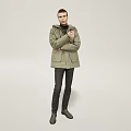 Man In Olive Green Parka With Black Inner Wear Black Pants And Gray Shoes Standing