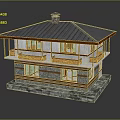 Two Story Residential Building with Gray Roof Chimney Stone Exterior And Wooden Balcony Railings