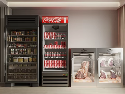 Various Types of Refrigerators and Freezers Stocked with Food Beverages and Meats 3d model