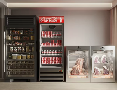 Various Types of Refrigerators and Freezers Stocked with Food Beverages and Meats 3d model