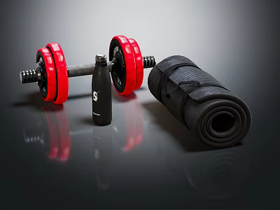 Essential Fitness Equipment Including Red Dumbbells Water Bottle And Yoga Mat 3d model