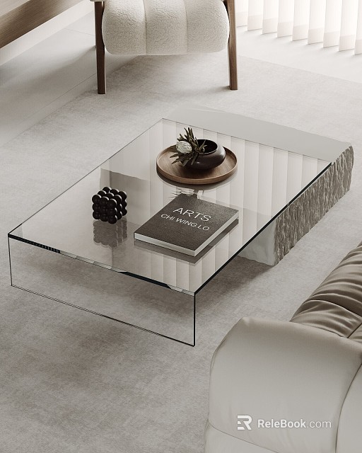 Modern Glass Coffee Table With Arts of Chicago Book Potted Plant and Decorative Pine Cone 3d model 