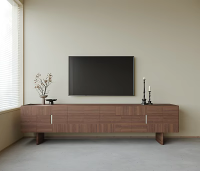Walnut Wood TV Cabinet With Flat Screen TV Decorative Vase And Candle Holders 3d model