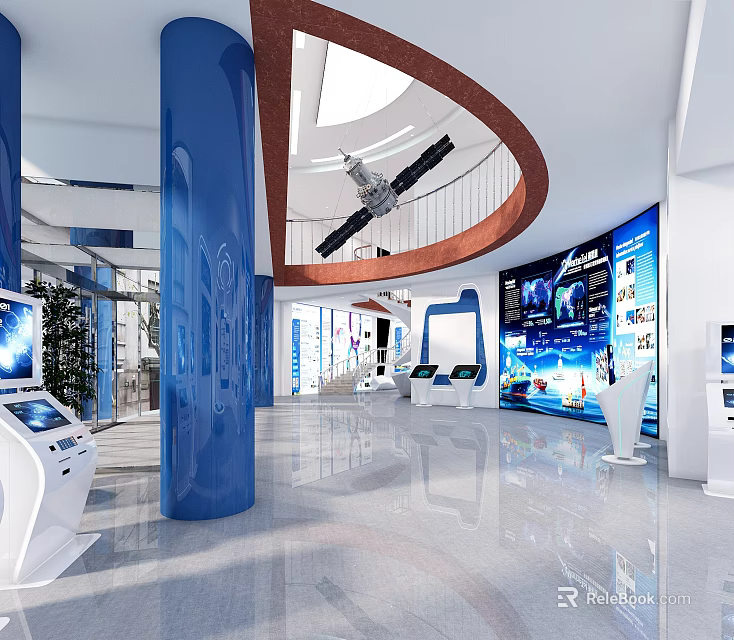 Modern Space Technology Exhibition Hall With Satellite Model Blue Columns And Interactive Displays 3d model 